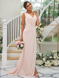 A-Line/Princess Chiffon Ruched V-neck Sleeveless Sweep/Brush Train Bridesmaid Dresses TPP0004916