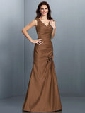 A-Line/Princess V-neck Pleats Sleeveless Long Satin Bridesmaid Dresses TPP0005497