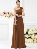 A-Line/Princess One-Shoulder Pleats Hand-Made Flower Sleeveless Long Chiffon Bridesmaid Dresses TPP0005131