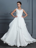 A-Line/Princess Scoop Sleeveless Ruffles Floor-Length Chiffon Wedding Dresses TPP0006839