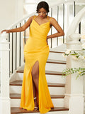 Sheath/Column Jersey Ruched Spaghetti Straps Sleeveless Sweep/Brush Train Bridesmaid Dresses TPP0004988