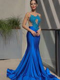 Trumpet/Mermaid Applique Satin Scoop Sleeveless Sweep/Brush Train Dresses TPP0004429