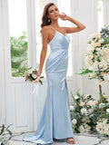 Sheath/Column Elastic Woven Satin Ruched Spaghetti Straps Sleeveless Sweep/Brush Train Bridesmaid Dresses TPP0004935