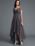 A-Line/Princess V-neck Short Sleeves Asymmetrical Tulle Mother of the Bride Dresses TPP0007098