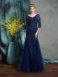 Sheath/Column V-neck Applique 3/4 Sleeves Long Net Mother of the Bride Dresses TPP0007185