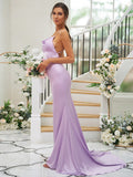 Sheath/Column Charmeuse Ruched Square Sleeveless Sweep/Brush Train Bridesmaid Dresses TPP0004912