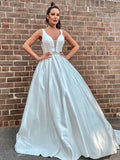 A-Line/Princess Satin V-neck Beading Sleeveless Court Train Wedding Dresses TPP0006109