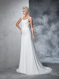 A-Line/Princess Straps Beading Sleeveless Long Chiffon Wedding Dresses TPP0006465