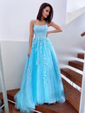 A-Line/Princess Spaghetti Straps Tulle Sleeveless Applique Sweep/Brush Train Dresses TPP0001400