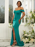 Sheath/Column Jersey Ruffles Off-the-Shoulder Sleeveless Sweep/Brush Train Bridesmaid Dresses TPP0004980