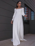 A-Line/Princess Stretch Crepe Ruffles Long Sleeves Square Sweep/Brush Train Wedding Dresses TPP0006452