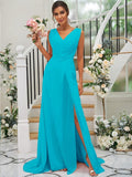 A-Line/Princess Chiffon Ruched V-neck Sleeveless Sweep/Brush Train Bridesmaid Dresses TPP0004916