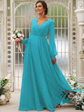 A-Line/Princess Chiffon Ruched V-neck Long Sleeves Floor-Length Bridesmaid Dresses TPP0004950