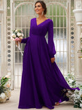 A-Line/Princess Chiffon Ruched V-neck Long Sleeves Floor-Length Bridesmaid Dresses TPP0004950