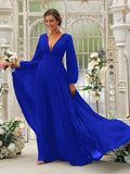 A-Line/Princess Chiffon Ruffles V-neck Long Sleeves Sweep/Brush Train Bridesmaid Dresses TPP0004894