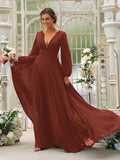 A-Line/Princess Chiffon Ruffles V-neck Long Sleeves Sweep/Brush Train Bridesmaid Dresses TPP0004894