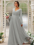 A-Line/Princess Chiffon Ruched V-neck Long Sleeves Floor-Length Bridesmaid Dresses TPP0004950