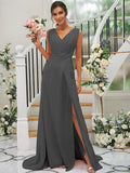 A-Line/Princess Chiffon Ruched V-neck Sleeveless Sweep/Brush Train Bridesmaid Dresses TPP0004916