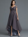 A-Line/Princess V-neck Short Sleeves Asymmetrical Tulle Mother of the Bride Dresses TPP0007098