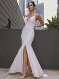 Sheath/Column Stretch Crepe Ruched V-neck Sleeveless Sweep/Brush Train Wedding Dresses TPP0006443