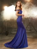 Trumpet/Mermaid Off-the-Shoulder Sleeveless Crystal Sweep/Brush Train Satin Dresses TPP0002328