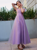 A-Line/Princess Tulle Ruched V-neck Short Sleeves Floor-Length Junior/Girls Bridesmaid Dresses TPP0005881