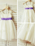 A-line/Princess Straps Sleeveless Ruffles Tea-Length Tulle Flower Girl Dresses TPP0007886