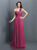 A-Line/Princess One-Shoulder Hand-Made Flower Sleeveless Long Chiffon Bridesmaid Dresses TPP0005570