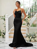 Sheath/Column Charmeuse Ruched Square Sleeveless Sweep/Brush Train Bridesmaid Dresses TPP0004912