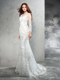 Sheath/Column Sheer Neck Lace Long Sleeves Long Net Wedding Dresses TPP0006518