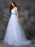 A-line/Princess Sweetheart Beading Sleeveless Long Satin Wedding Dresses TPP0006857