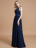 A-Line/Princess Halter Sleeveless Ruched Floor-Length Chiffon Bridesmaid Dresses TPP0005700