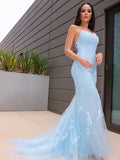 Trumpet/Mermaid Halter Sleeveless Lace Tulle Sweep/Brush Train Dresses TPP0001367