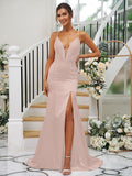 Sheath/Column Silk like Satin Ruched V-neck Sleeveless Sweep/Brush Train Bridesmaid Dresses TPP0004907