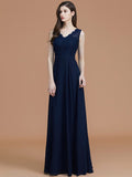 A-Line/Princess V-neck Sleeveless Floor-Length Lace Chiffon Bridesmaid Dresses TPP0005542