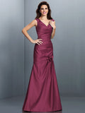 A-Line/Princess V-neck Pleats Sleeveless Long Satin Bridesmaid Dresses TPP0005497