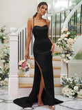 Sheath/Column Elastic Woven Satin Ruched Square Sleeveless Sweep/Brush Train Bridesmaid Dresses TPP0004933