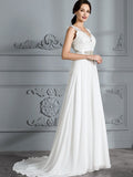 A-Line/Princess Sleeveless V-neck Sweep/Brush Train Chiffon Wedding Dresses TPP0006487