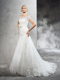 Sheath/Column Off-the-Shoulder Applique Short Sleeves Long Net Wedding Dresses TPP0006450