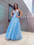 A-Line/Princess V-neck Tulle Applique Floor-Length Sleeveless Dresses TPP0001529