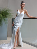 Sheath/Column Satin Ruched V-neck Sleeveless Sweep/Brush Train Wedding Dresses TPP0007028