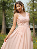 A-Line/Princess Chiffon Lace V-neck Sleeveless Floor-Length Bridesmaid Dresses TPP0004989