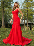 Sheath/Column Stretch Crepe Ruffles V-neck Sleeveless Sweep/Brush Train Bridesmaid Dresses TPP0004953