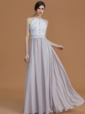 A-Line/Princess Halter Sleeveless Floor-Length Lace Chiffon Bridesmaid Dresses TPP0005137