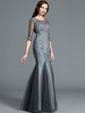 Sheath/Column Scoop Applique 1/2 Sleeves Tulle Floor-Length Mother of the Bride Dresses TPP0007147