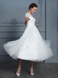 A-Line/Princess Scoop Short Sleeves Tea-Length Beading Tulle Wedding Dresses TPP0006474