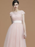 A-Line/Princess Bateau Short Sleeves Floor-Length Sash/Ribbon/Belt Tulle Bridesmaid Dresses TPP0005494