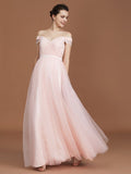 A-Line/Princess Short Sleeves Lace Spaghetti Straps Ruched Sweetheart Floor-Length Tulle Bridesmaid Dresses TPP0005826