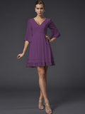 A-Line/Princess V-neck 1/2 Sleeves Beading Short Chiffon Bridesmaid Dresses TPP0005089