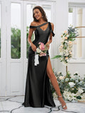 Sheath/Column Charmeuse Ruched Off-the-Shoulder Sleeveless Sweep/Brush Train Bridesmaid Dresses TPP0004898